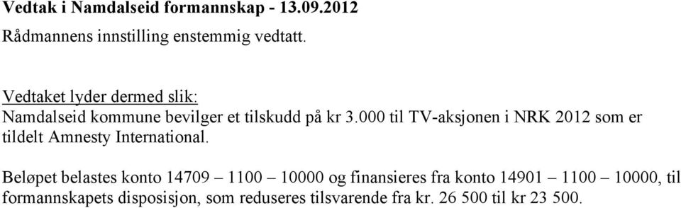 000 til TV-aksjonen i NRK 2012 som er tildelt Amnesty International.