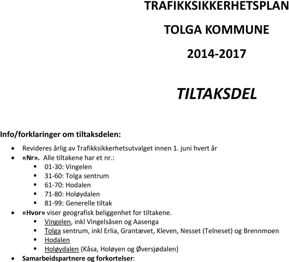 : 01-30: Vingelen 31-60: Tolga sentrum 61-70: Hodalen 71-80: Holøydalen 81-99: Generelle tiltak «Hvor» viser geografisk beliggenhet