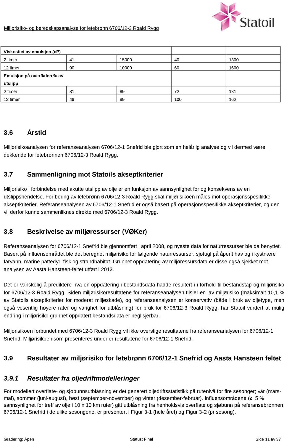 7 Sammenligning mot Statoils akseptkriterier Miljørisiko i forbindelse med akutte utslipp av olje er en funksjon av sannsynlighet for og konsekvens av en utslippshendelse.