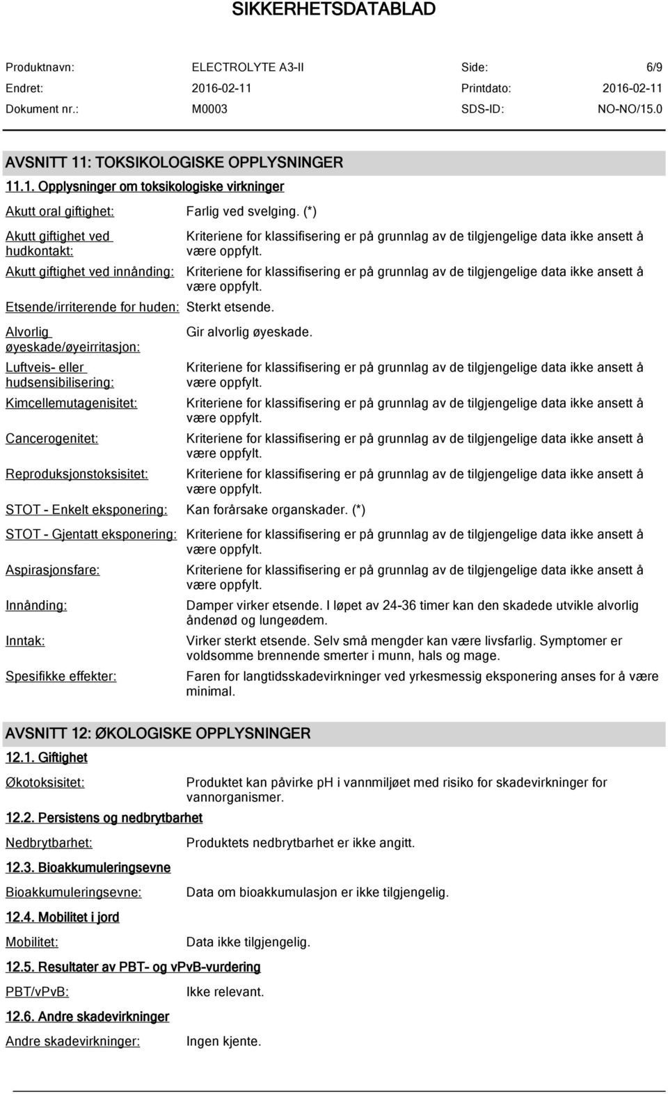 Alvorlig øyeskade/øyeirritasjon: Luftveis- eller hudsensibilisering: Kimcellemutagenisitet: Cancerogenitet: Reproduksjonstoksisitet: Gir alvorlig øyeskade.