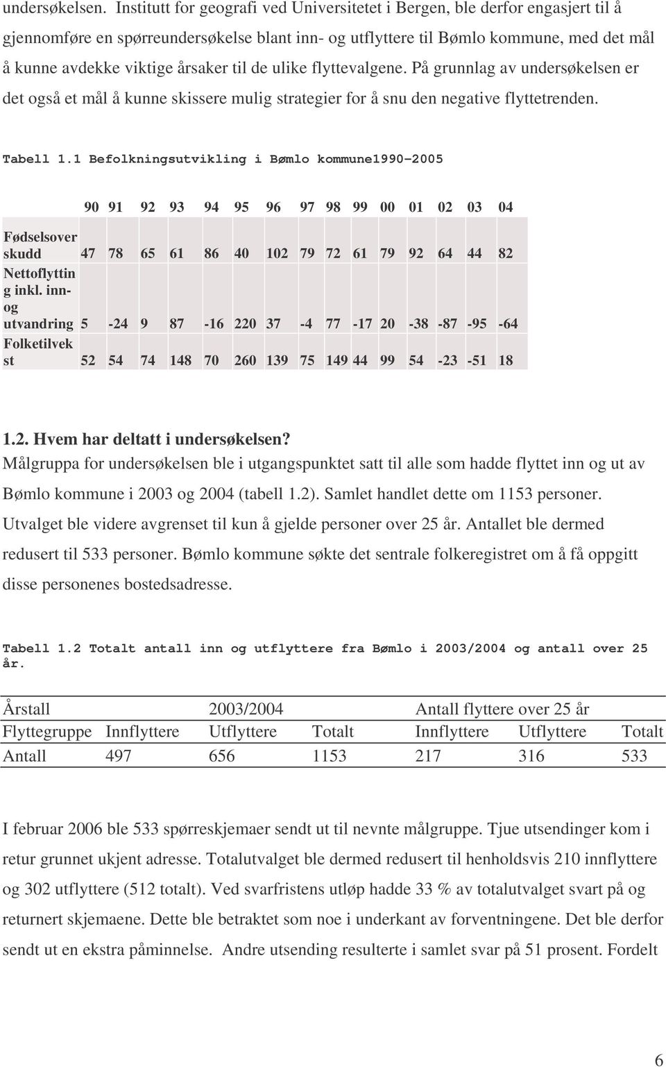 til de ulike flyttevalgene. På grunnlag av undersøkelsen er det også et mål å kunne skissere mulig strategier for å snu den negative flyttetrenden. Tabell 1.