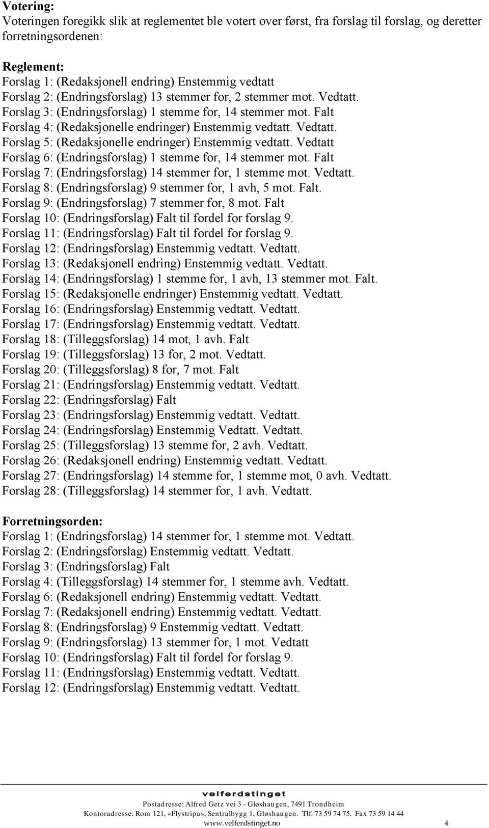 Vedtatt Forslag 6: (Endringsforslag) 1 stemme for, 14 stemmer mot. Falt Forslag 7: (Endringsforslag) 14 stemmer for, 1 stemme mot. Vedtatt. Forslag 8: (Endringsforslag) 9 stemmer for, 1 avh, 5 mot.