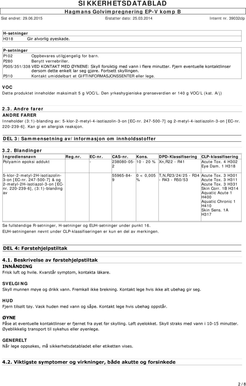 VOC Dette produktet inneholder maksimalt 5 g VOC/L. Den yrkeshygieniske grenseverdien er 140 g VOC/L (kat. A/j) 2.3.