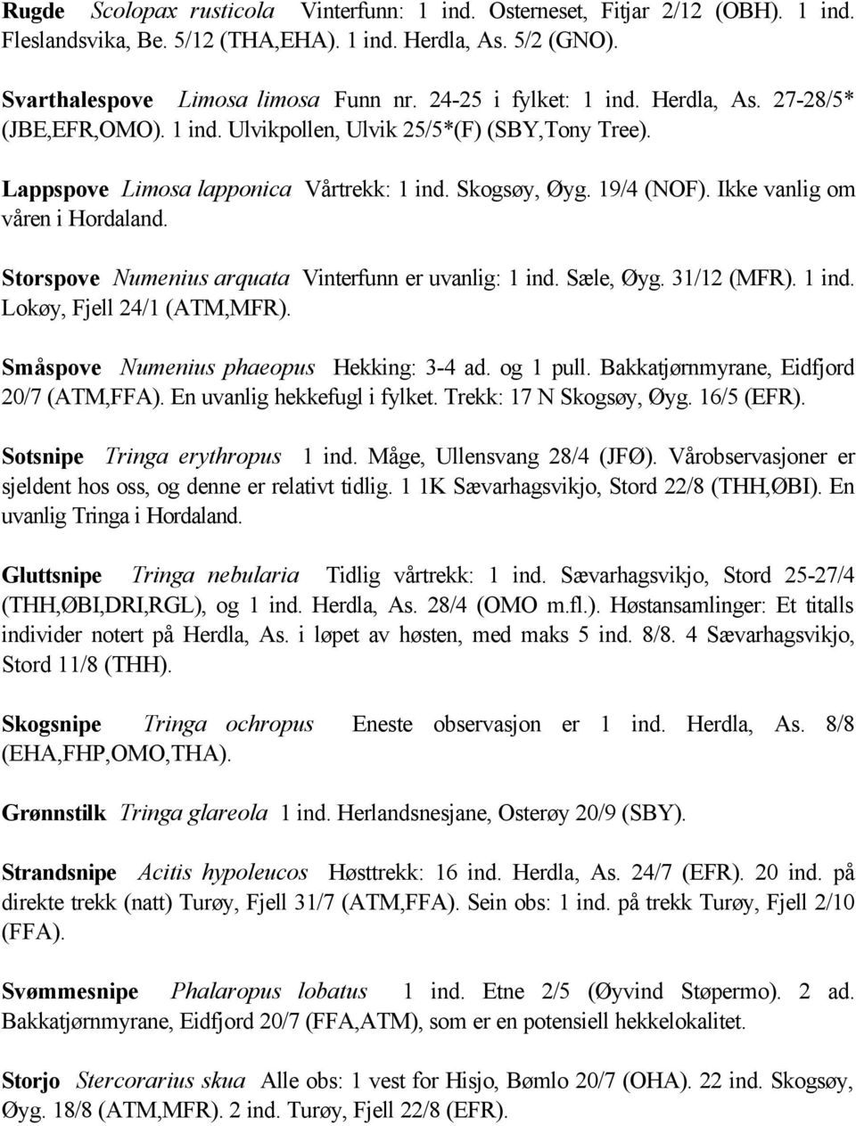 Ikke vanlig om våren i Hordaland. Storspove Numenius arquata Vinterfunn er uvanlig: 1 ind. Sæle, Øyg. 31/12 (MFR). 1 ind. Lokøy, Fjell 24/1 (ATM,MFR). Småspove Numenius phaeopus Hekking: 3-4 ad.