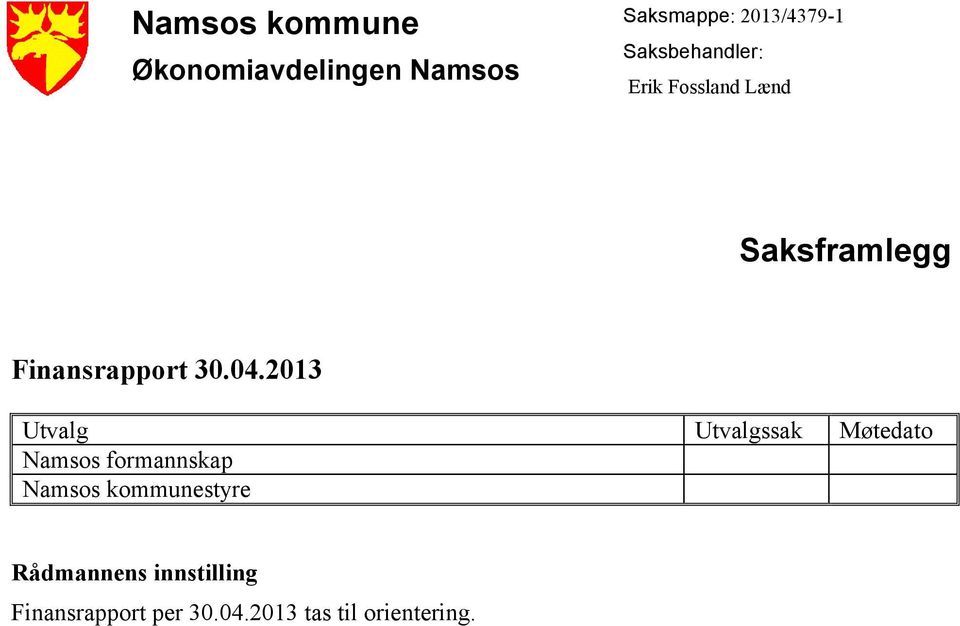 2013 Utvalg Utvalgssak Møtedato Namsos formannskap Namsos