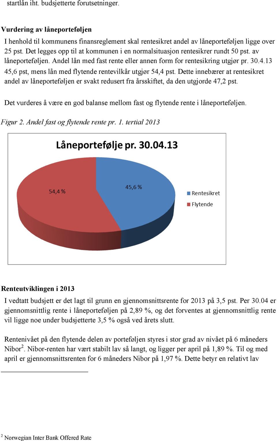 13 45,6 pst, mens lån med flytende rentevilkår utgjør 54,4 pst. Dette innebærer at rentesikret andel av låneporteføljen er svakt redusert fra årsskiftet, da den utgjorde 47,2 pst.