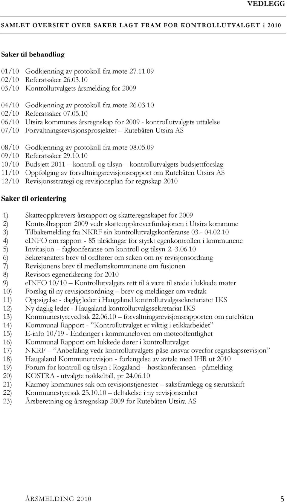 10 06/10 Utsira kommunes årsregnskap for 2009 - kontrollutvalgets uttalelse 07/10 Forvaltningsrevisjonsprosjektet Rutebåten Utsira AS 08/10 Godkjenning av protokoll fra møte 08.05.