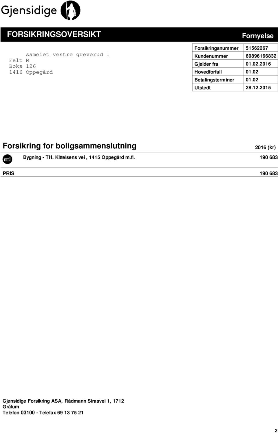 02 Utstedt 28.12.2015 Forsikring for boligsammenslutning 2016 (kr) Bygning - TH.