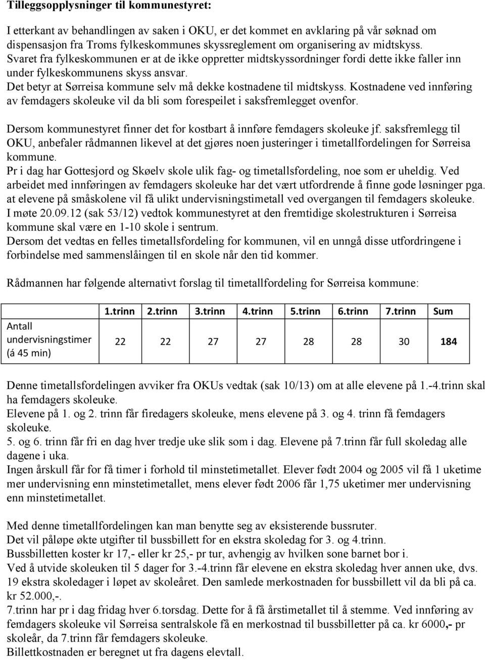 Det betyr at Sørreisa kommune selv må dekke kostnadene til midtskyss. Kostnadene ved innføring av femdagers skoleuke vil da bli som forespeilet i saksfremlegget ovenfor.