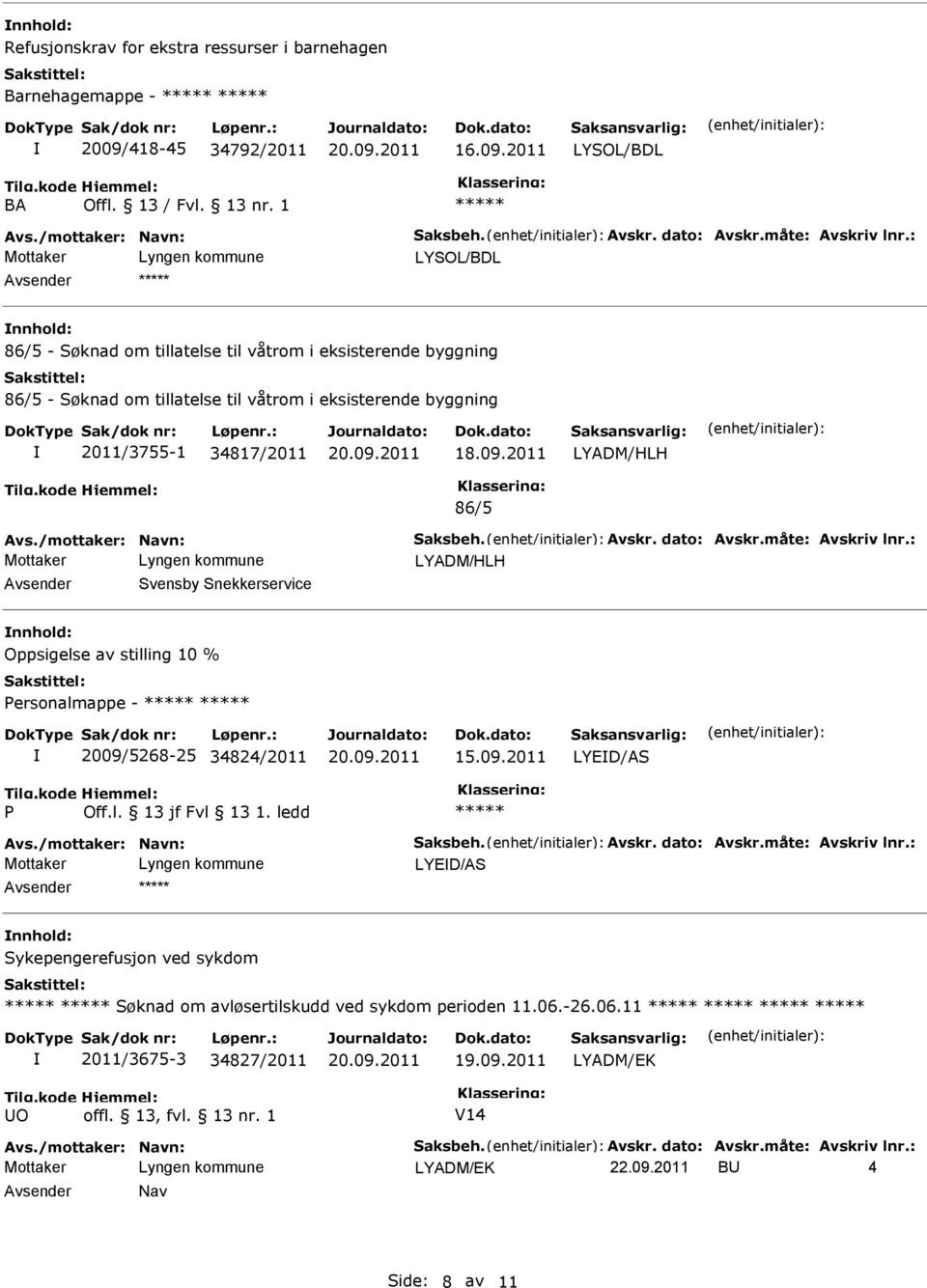 34817/2011 18.09.2011 LYADM/HLH 86/5 LYADM/HLH Svensby Snekkerservice Oppsigelse av stilling 10 % ersonalmappe - 2009/5268-25 34824/2011 15.09.2011 LYED/ LYED/ Sykepengerefusjon ved sykdom Søknad om avløsertilskudd ved sykdom perioden 11.