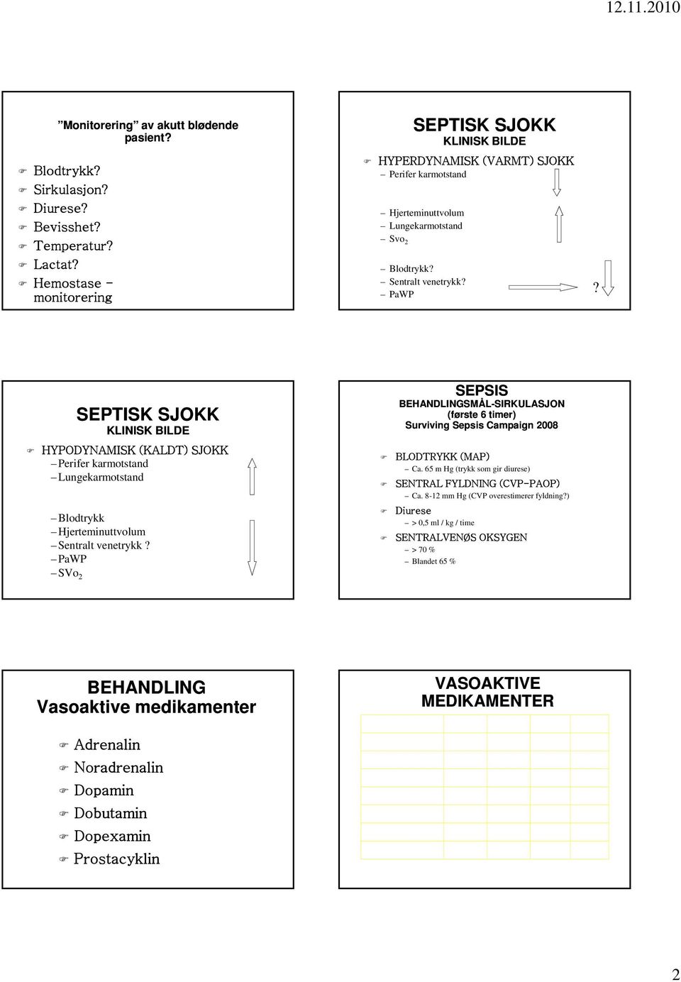 SEPTISK SJOKK KLINISK BILDE SEPSIS BEHANDLINGSMÅL-SIRKULASJON (første 6 timer) Surviving Sepsis Campaign 2008 HYPODYNAMISK (KALDT) SJOKK Perifer karmotstand Lungekarmotstand Blodtrykk