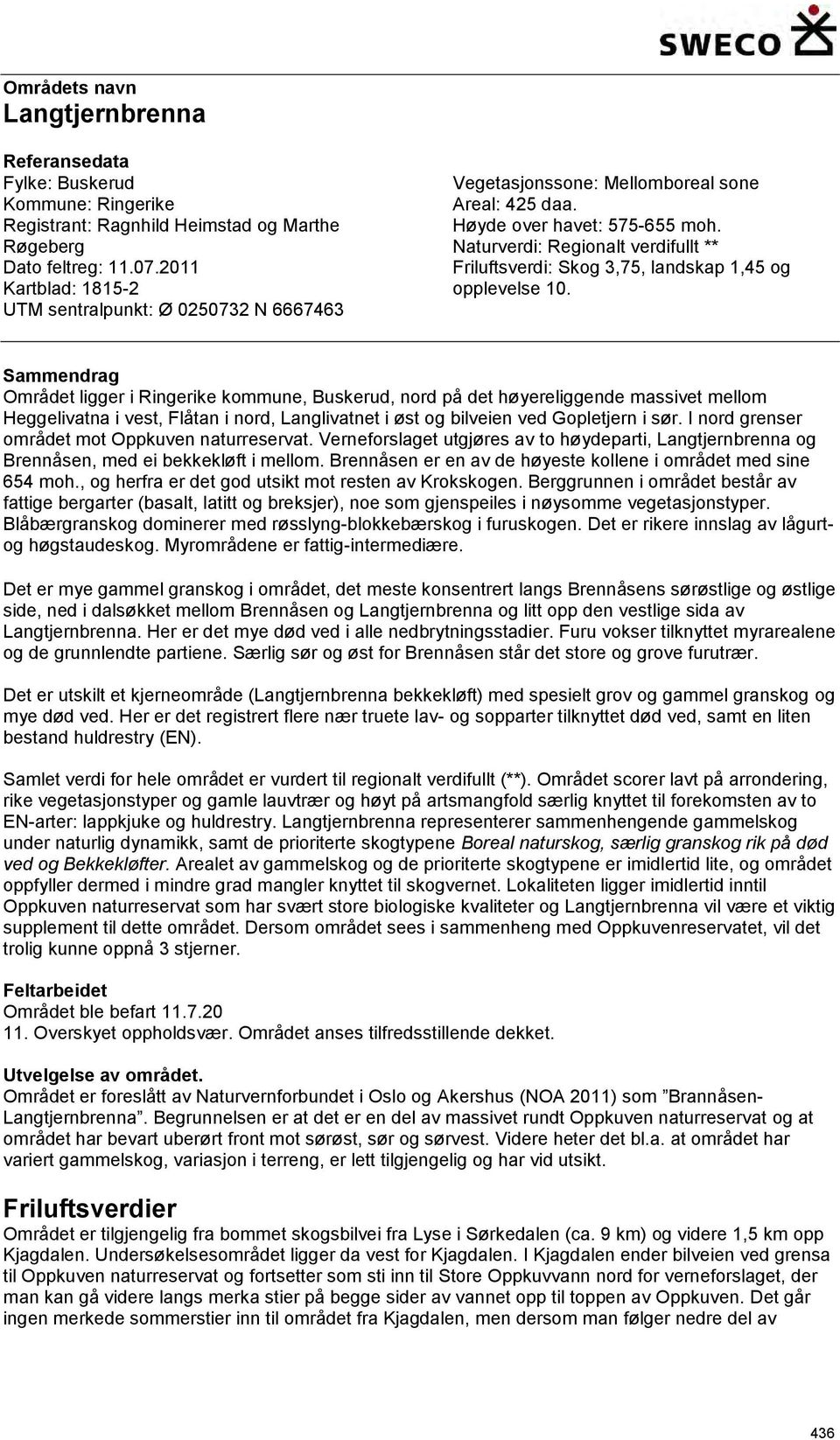 Naturverdi: Regionalt verdifullt ** Friluftsverdi: Skog 3,75, landskap 1,45 og opplevelse 10.