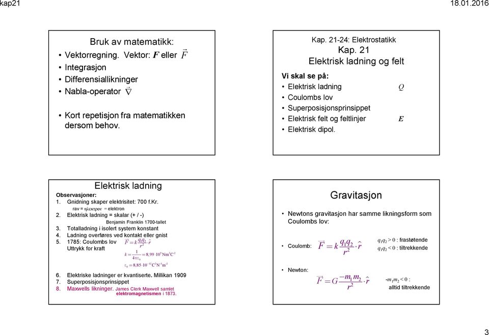 Gnidning skape elektisitet: 700 f.k. av = ηλεκτρον = elekton. lektisk ladning = skala (+ / ) Benjamin Fanklin 1700tallet 3. Totalladning i isolet system konstant 4.