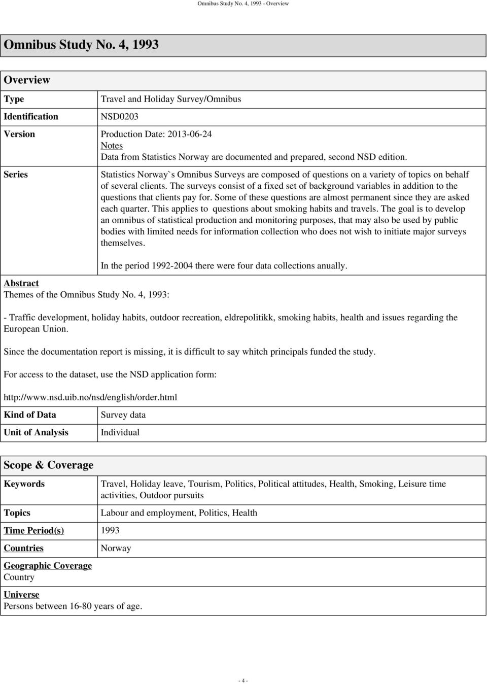 Series Abstract Themes of the Omnibus Study No. 4, 1993: Statistics Norway`s Omnibus Surveys are composed of questions on a variety of topics on behalf of several clients.