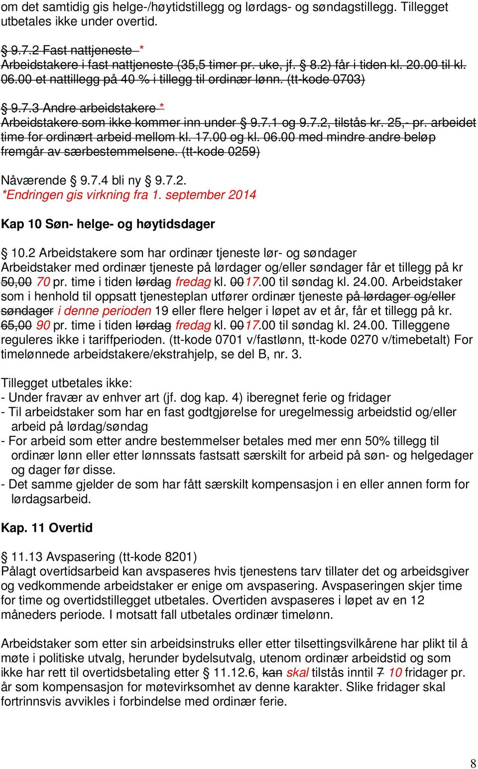 25,- pr. arbeidet time for ordinært arbeid mellom kl. 17.00 og kl. 06.00 med mindre andre beløp fremgår av særbestemmelsene. (tt-kode 0259) Nåværende 9.7.4 bli ny 9.7.2. *Endringen gis virkning fra 1.