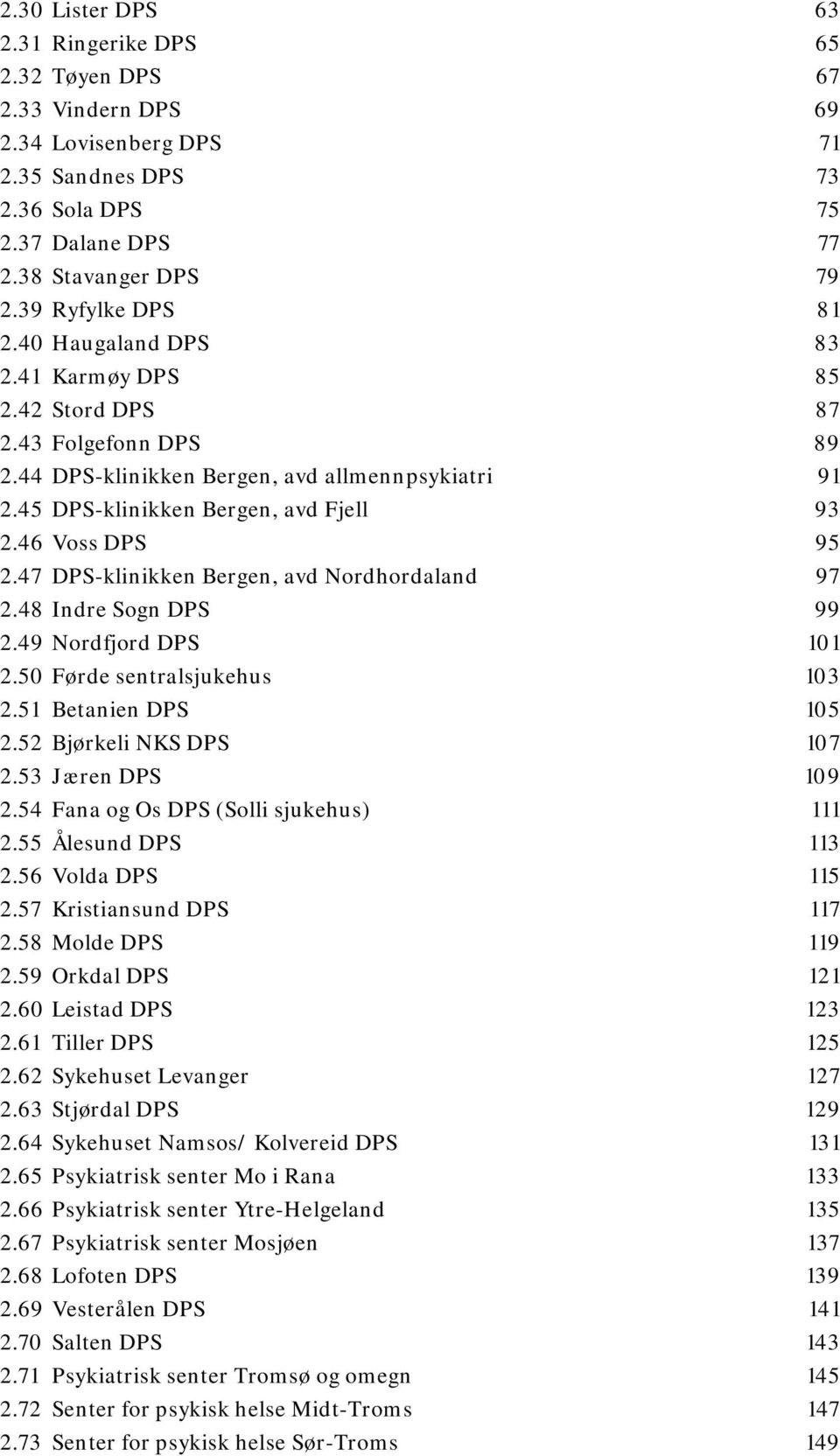 46 Voss DPS 95 2.47 DPS-klinikken Bergen, avd Nordhordaland 97 2.48 Indre Sogn DPS 99 2.49 Nordfjord DPS 101 2.50 Førde sentralsjukehus 103 2.51 Betanien DPS 105 2.52 Bjørkeli NKS DPS 107 2.