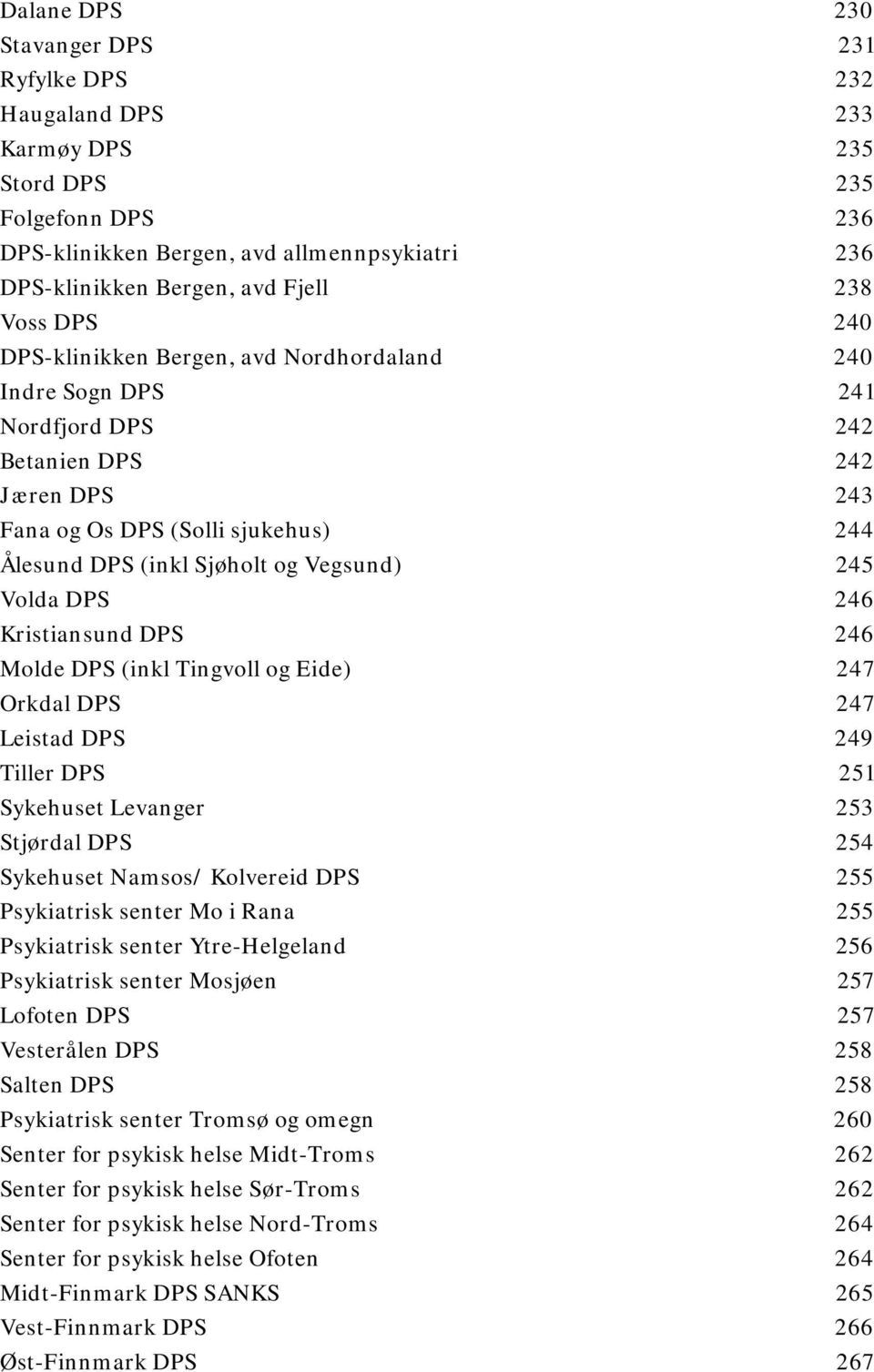 245 Volda DPS 246 Kristiansund DPS 246 Molde DPS (inkl Tingvoll og Eide) 247 Orkdal DPS 247 Leistad DPS 249 Tiller DPS 251 Sykehuset Levanger 253 Stjørdal DPS 254 Sykehuset Namsos/ Kolvereid DPS 255