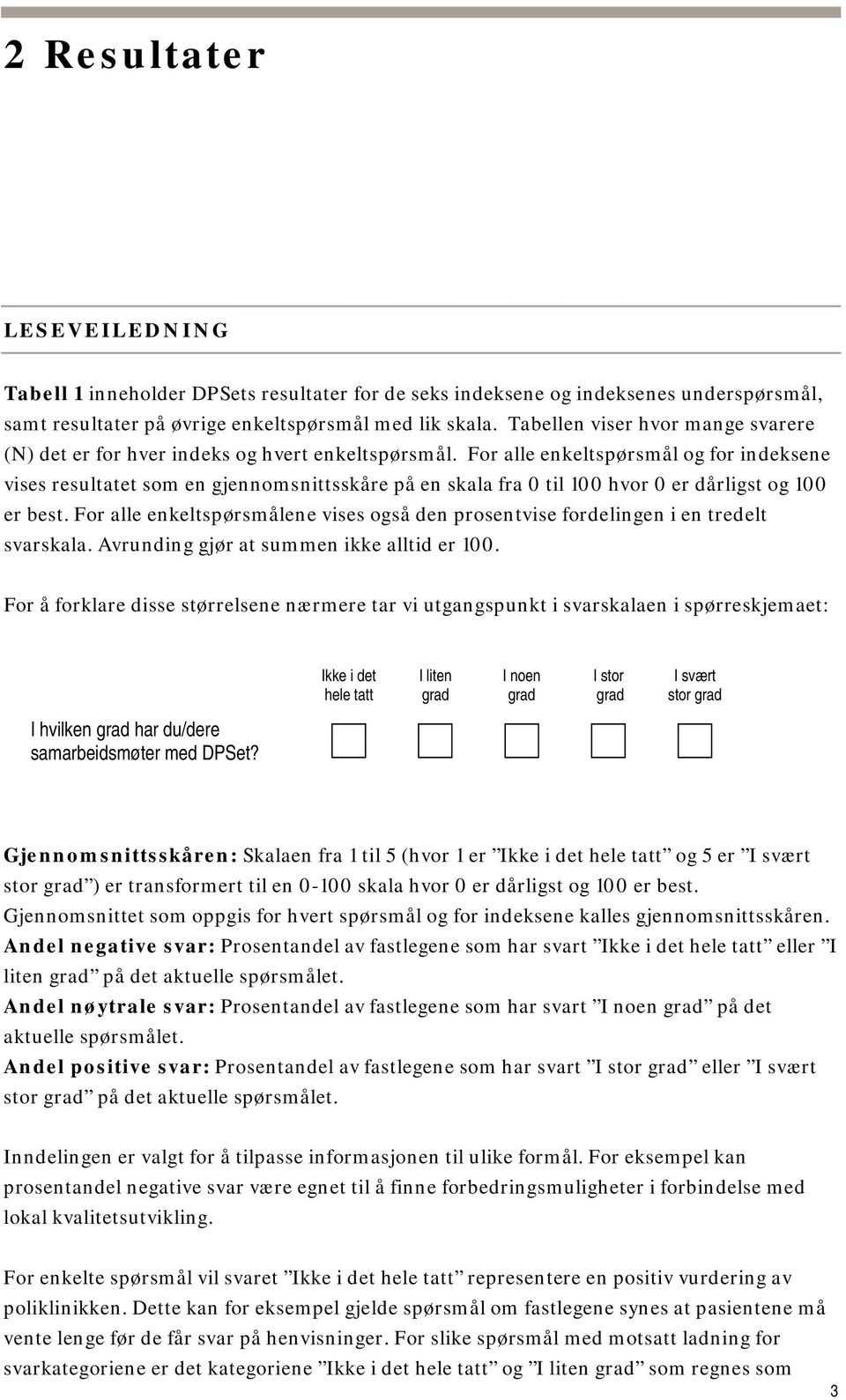 For alle enkeltspørsmål og for indeksene vises resultatet som en gjennomsnittsskåre på en skala fra 0 til 100 hvor 0 er dårligst og 100 er best.