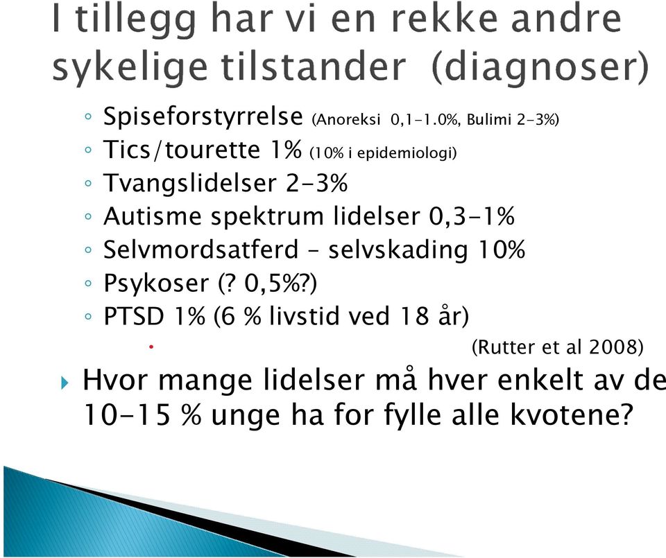 Autisme spektrum lidelser 0,3-1% Selvmordsatferd selvskading 10% Psykoser (? 0,5%?