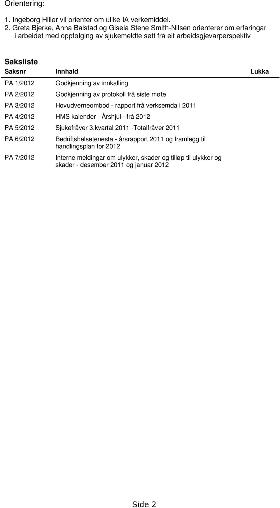 Innhald Lukka PA 1/2012 PA 2/2012 Godkjenning av innkalling Godkjenning av protokoll frå siste møte PA 3/2012 Hovudverneombod - rapport frå verksemda i 2011 PA 4/2012 HMS