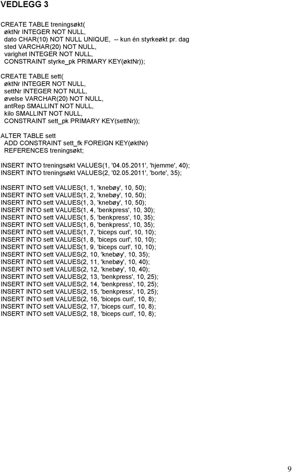 antrep SMALLINT NOT NULL, kilo SMALLINT NOT NULL, CONSTRAINT sett_pk PRIMARY KEY(settNr)); ALTER TABLE sett ADD CONSTRAINT sett_fk FOREIGN KEY(øktNr) REFERENCES treningsøkt; INSERT INTO treningsøkt