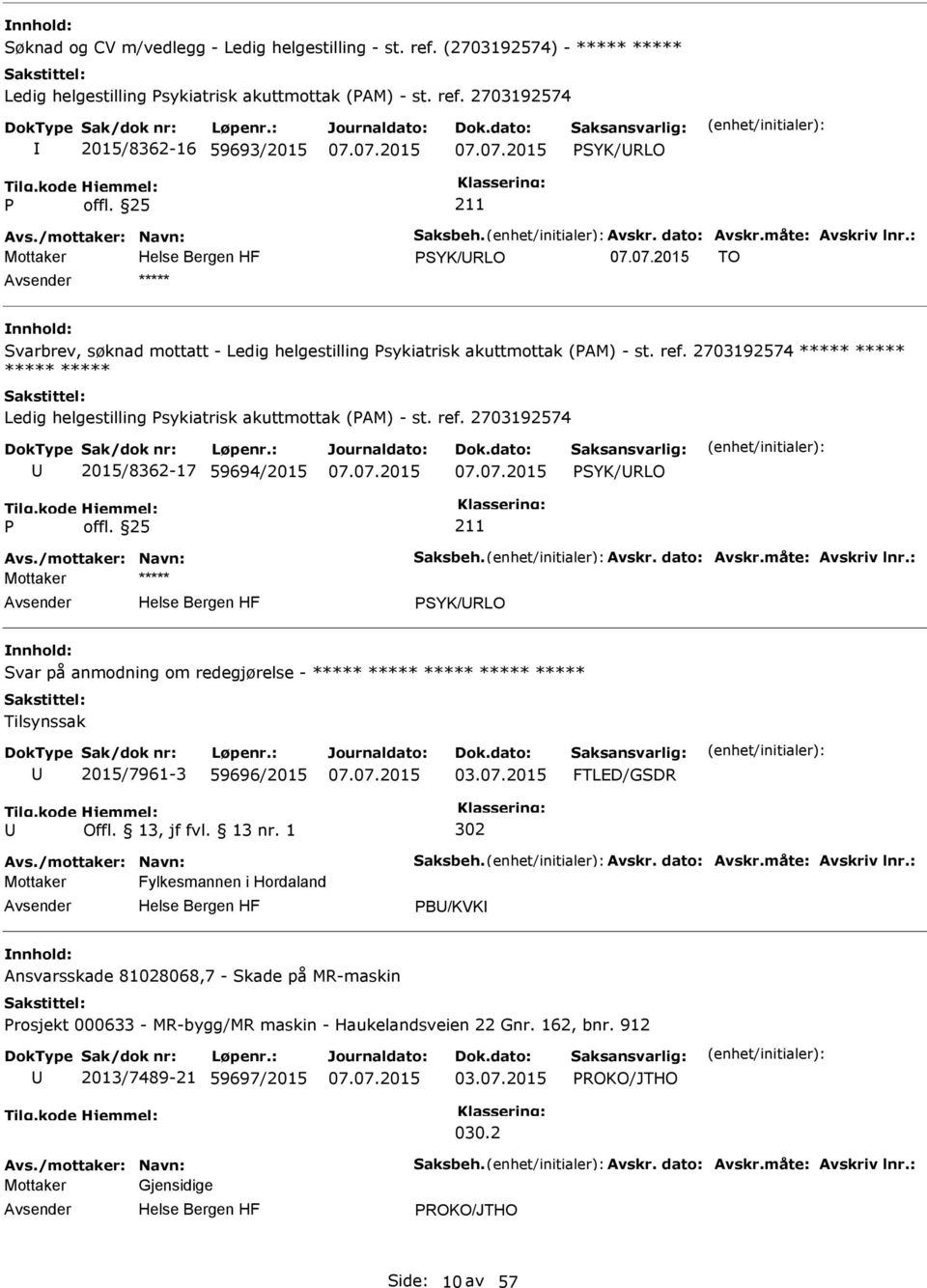 2703192574 ***** ***** ***** ***** Ledig helgestilling sykiatrisk akuttmottak (AM) - st. ref. 2703192574 2015/8362-17 59694/2015 SYK/RLO Avs./mottaker: Navn: Saksbeh. Avskr. dato: Avskr.