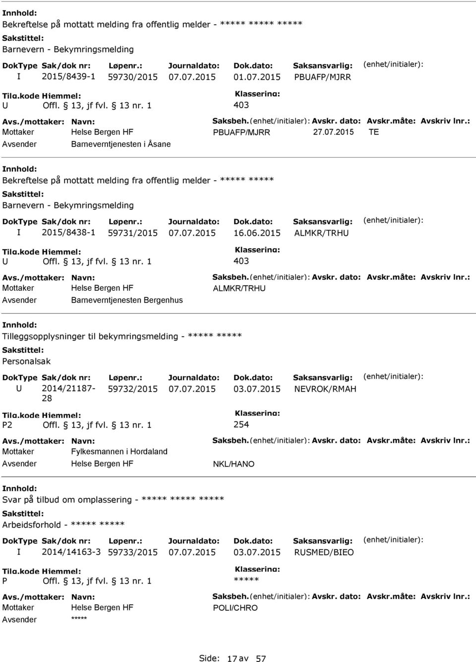 2015 ALMKR/TRH 403 Avs./mottaker: Navn: Saksbeh. Avskr. dato: Avskr.måte: Avskriv lnr.