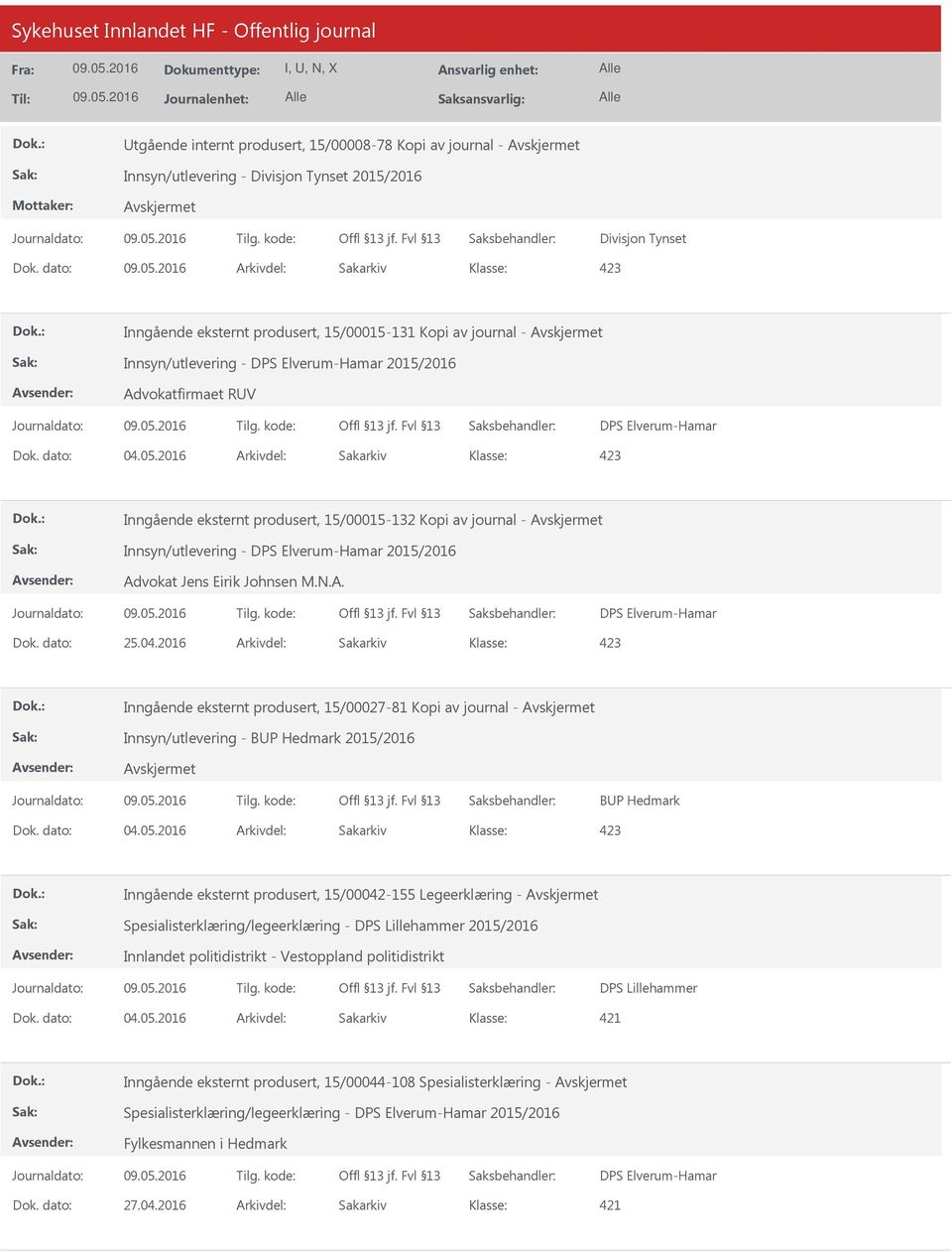 2016 Arkivdel: Sakarkiv Inngående eksternt produsert, 15/00015-132 Kopi av journal - Innsyn/utlevering - DPS Elverum-Hamar 2015/2016 Advokat Jens Eirik Johnsen M.N.A. DPS Elverum-Hamar Dok. dato: 25.