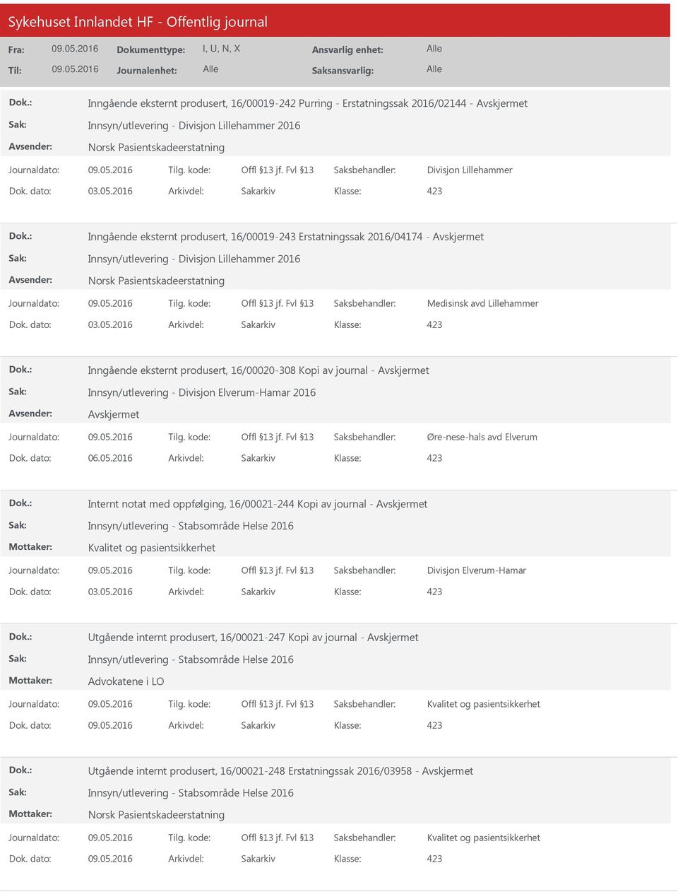 dato: 03.05.2016 Arkivdel: Sakarkiv Inngående eksternt produsert, 16/00020-308 Kopi av journal - Innsyn/utlevering - Divisjon Elverum-Hamar 2016 Øre-nese-hals avd Elverum Dok. dato: 06.05.2016 Arkivdel: Sakarkiv Internt notat med oppfølging, 16/00021-244 Kopi av journal - Innsyn/utlevering - Stabsområde Helse 2016 Kvalitet og pasientsikkerhet Divisjon Elverum-Hamar Dok.