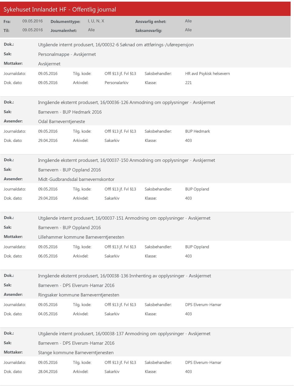 2016 Arkivdel: Sakarkiv Inngående eksternt produsert, 16/00037-150 Anmodning om opplysninger - Barnevern - BUP Oppland 2016 Midt-Gudbrandsdal barnevernskontor BUP Oppland Dok. dato: 29.04.