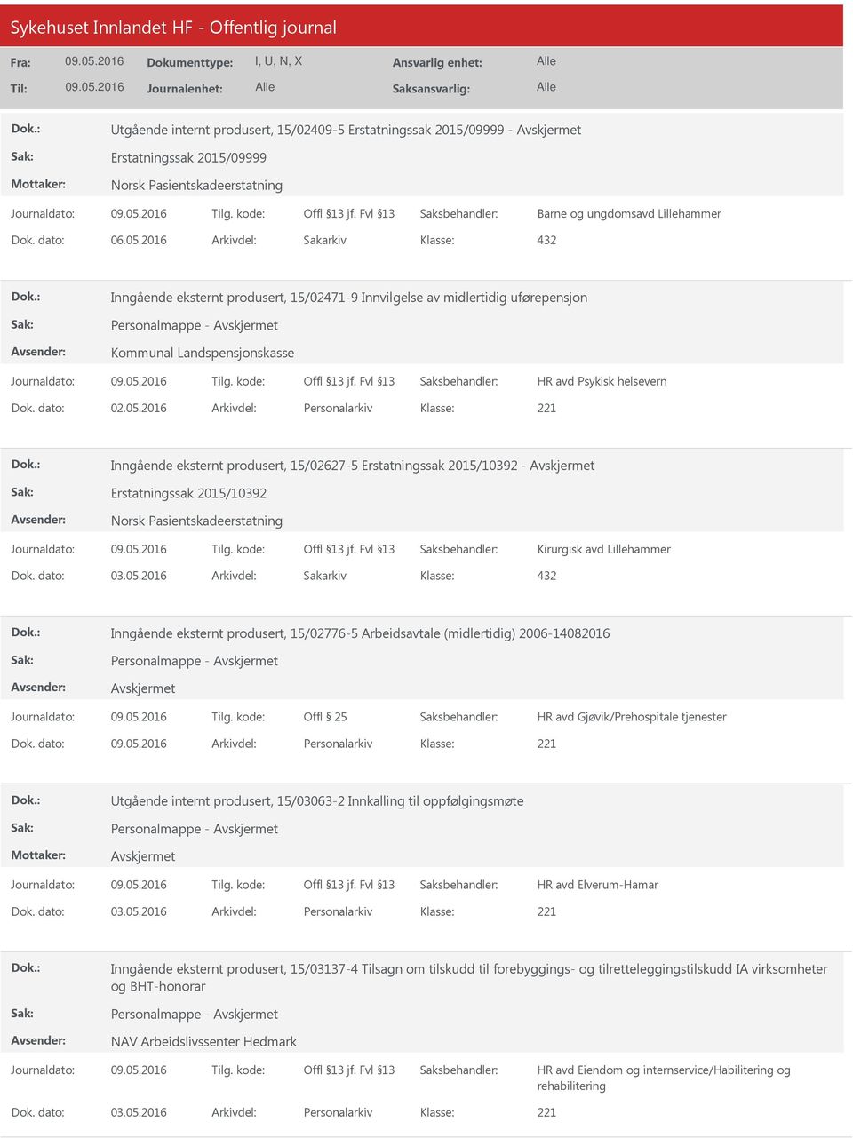 2016 Arkivdel: Personalarkiv Inngående eksternt produsert, 15/02627-5 Erstatningssak 2015/10392 - Erstatningssak 2015/10392 Norsk Pasientskadeerstatning Kirurgisk avd Lillehammer Dok. dato: 03.05.