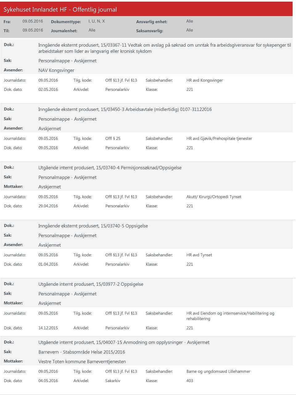 dato: Arkivdel: Personalarkiv Utgående internt produsert, 15/03740-4 Permisjonssøknad/Oppsigelse Akutt/ Kirurgi/Ortopedi Tynset Dok. dato: 29.04.