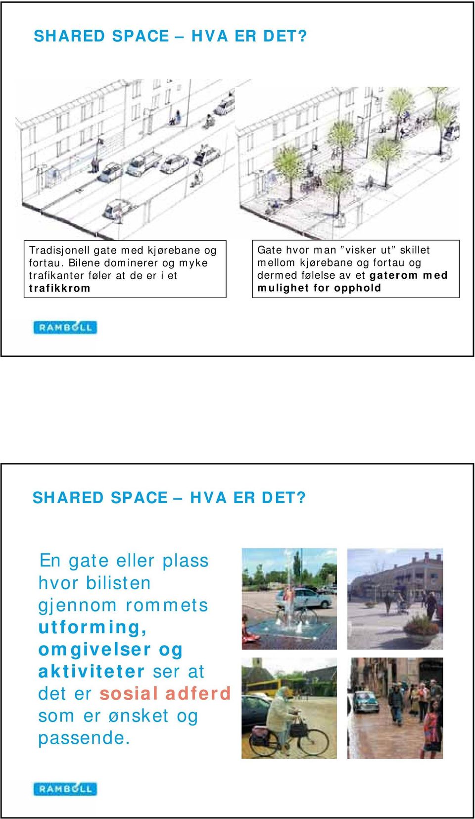 kjørebane og fortau og dermed følelse av et gaterom med mulighet for opphold SHARED SPACE HVA ER DET?