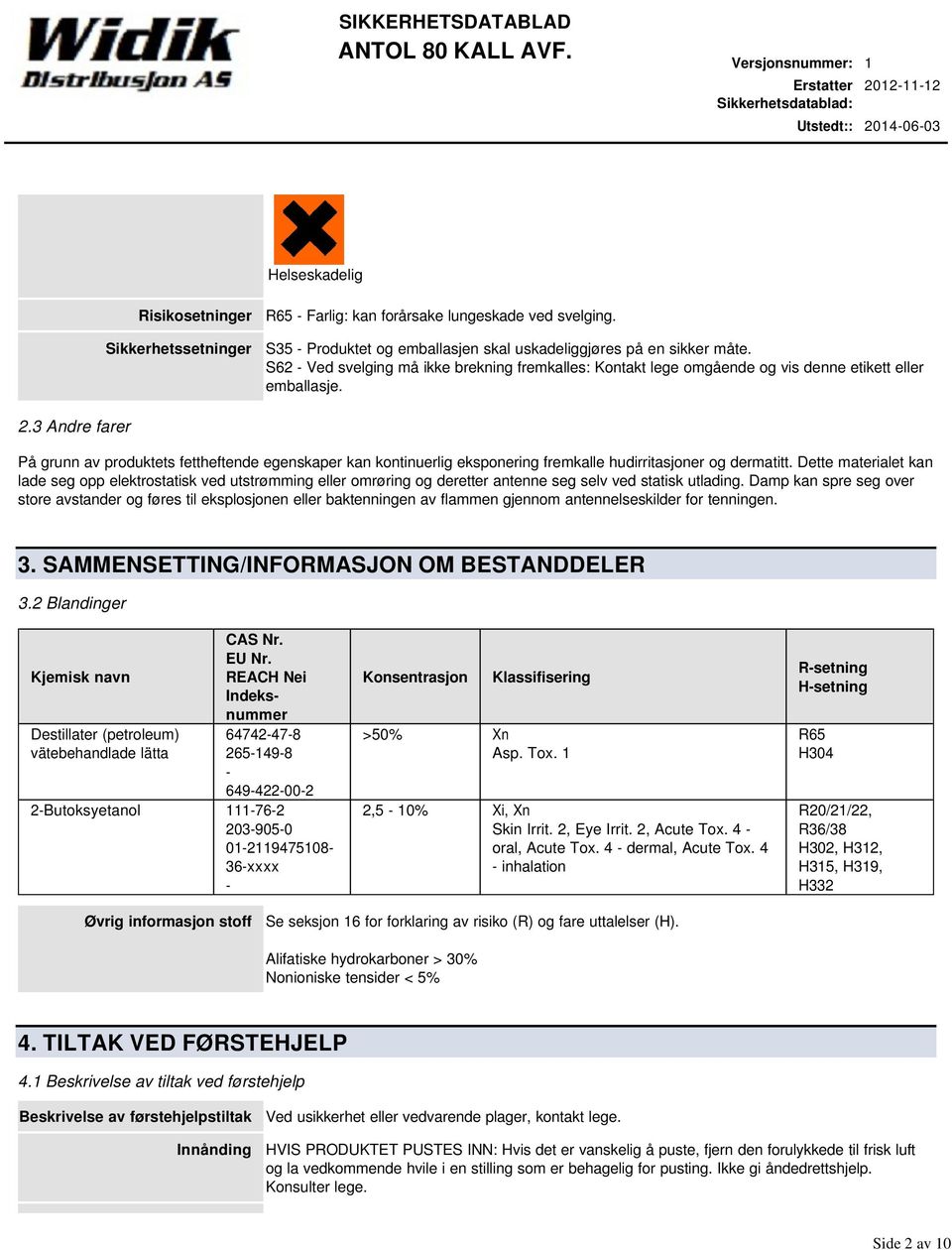 3 Andre farer På grunn av produktets fettheftende egenskaper kan kontinuerlig eksponering fremkalle hudirritasjoner og dermatitt.