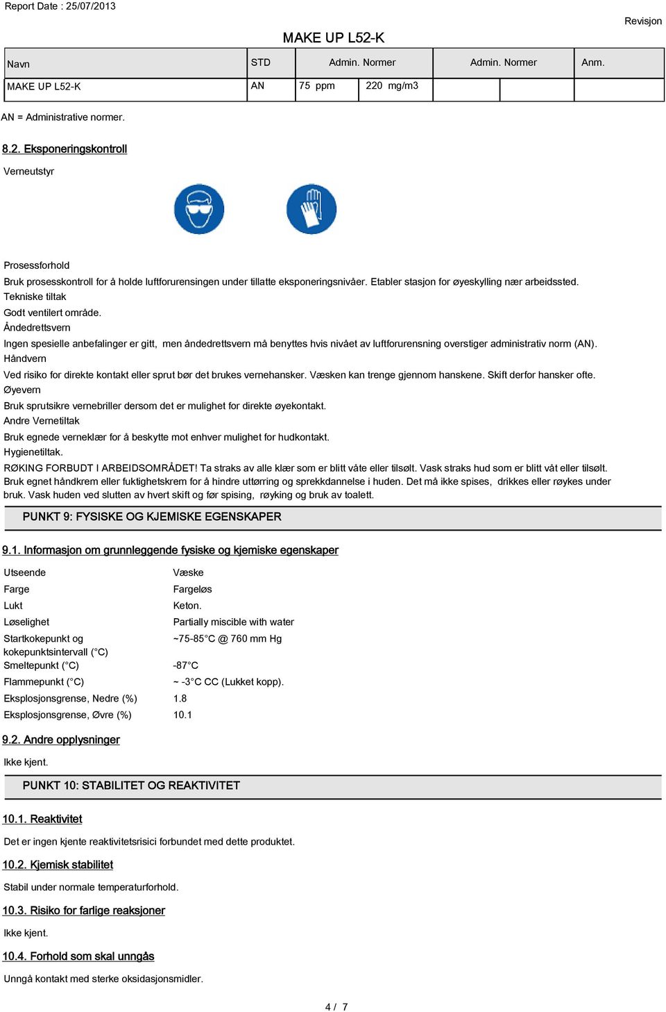 Åndedrettsvern Ingen spesielle anbefalinger er gitt, men åndedrettsvern må benyttes hvis nivået av luftforurensning overstiger administrativ norm (AN).