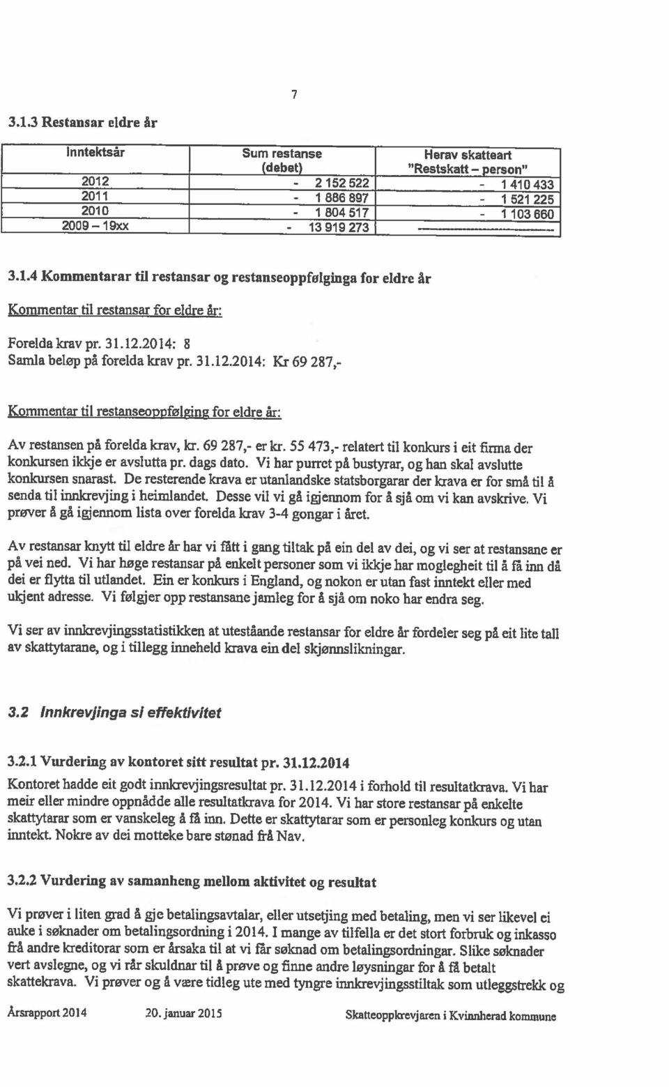 Vi prøver og å være tidleg ute med tyngre innkrevjingsstiltak som utleggstreldc og auke i søknader om betalingsordning i 2014.