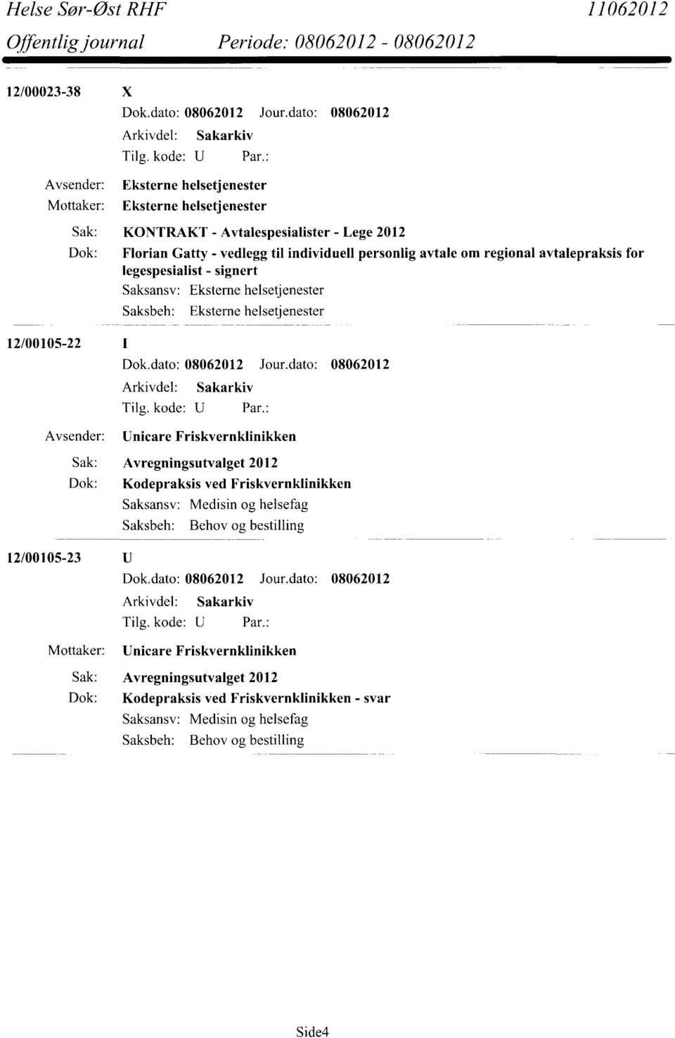 Eksterne helsetjenester Unicare Friskvernklinikken Sak: Avregningsutvalget 2012 Dok: Kodepraksis ved Friskvernklinikken Saksbeh: Behov og bestilling