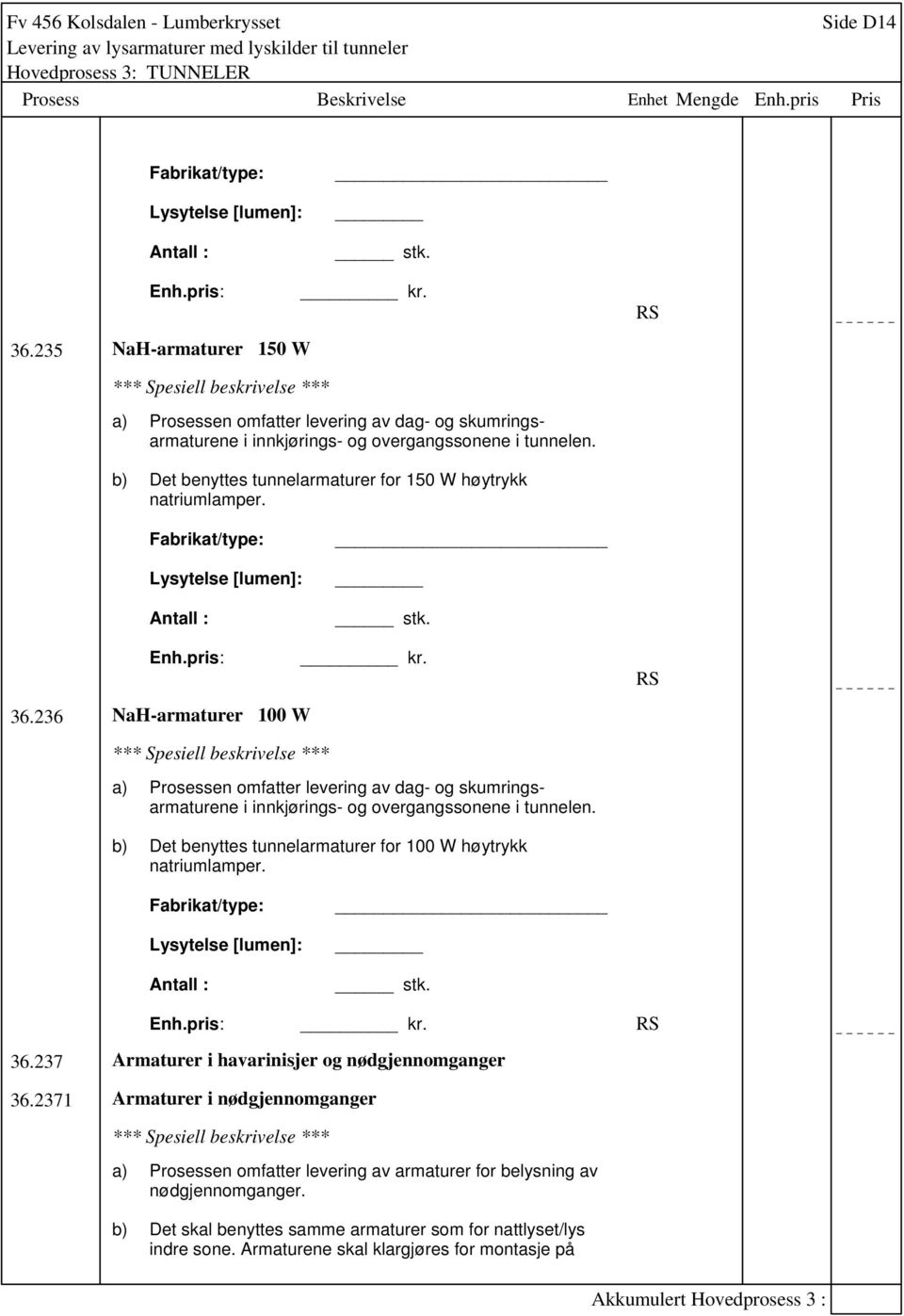 Fabrikat/type: Lysytelse [lumen]: Antall : stk. Enh.pris: 36.236 -armaturer 100 W kr. a) Prosessen omfatter levering av dag- og skumringsarmaturene i innkjørings- og overgangssonene i tunnelen.