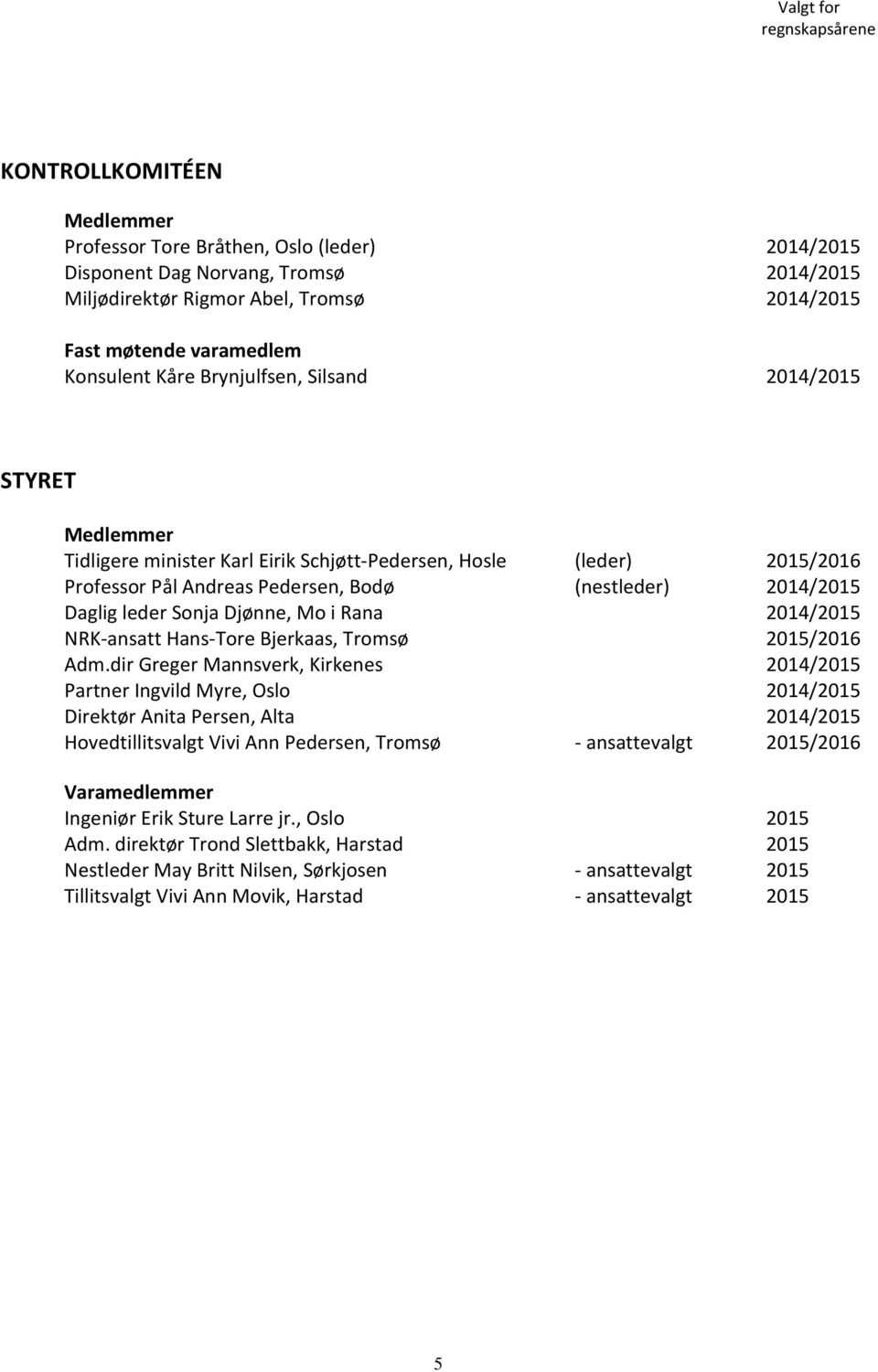 2014/2015 NRK-ansatt Hans-Tore Bjerkaas, Tromsø 2015/2016 Adm.