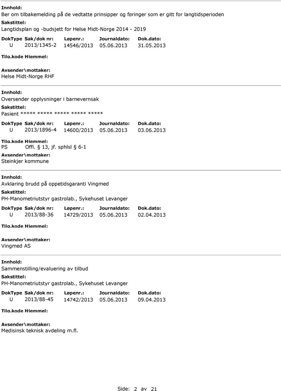 2013 Helse Midt-Norge RHF Oversender opplysninger i barnevernsak Pasient ***** ***** ***** ***** ***** 2013/1896-4 14600/2013 Steinkjer kommune 03.06.