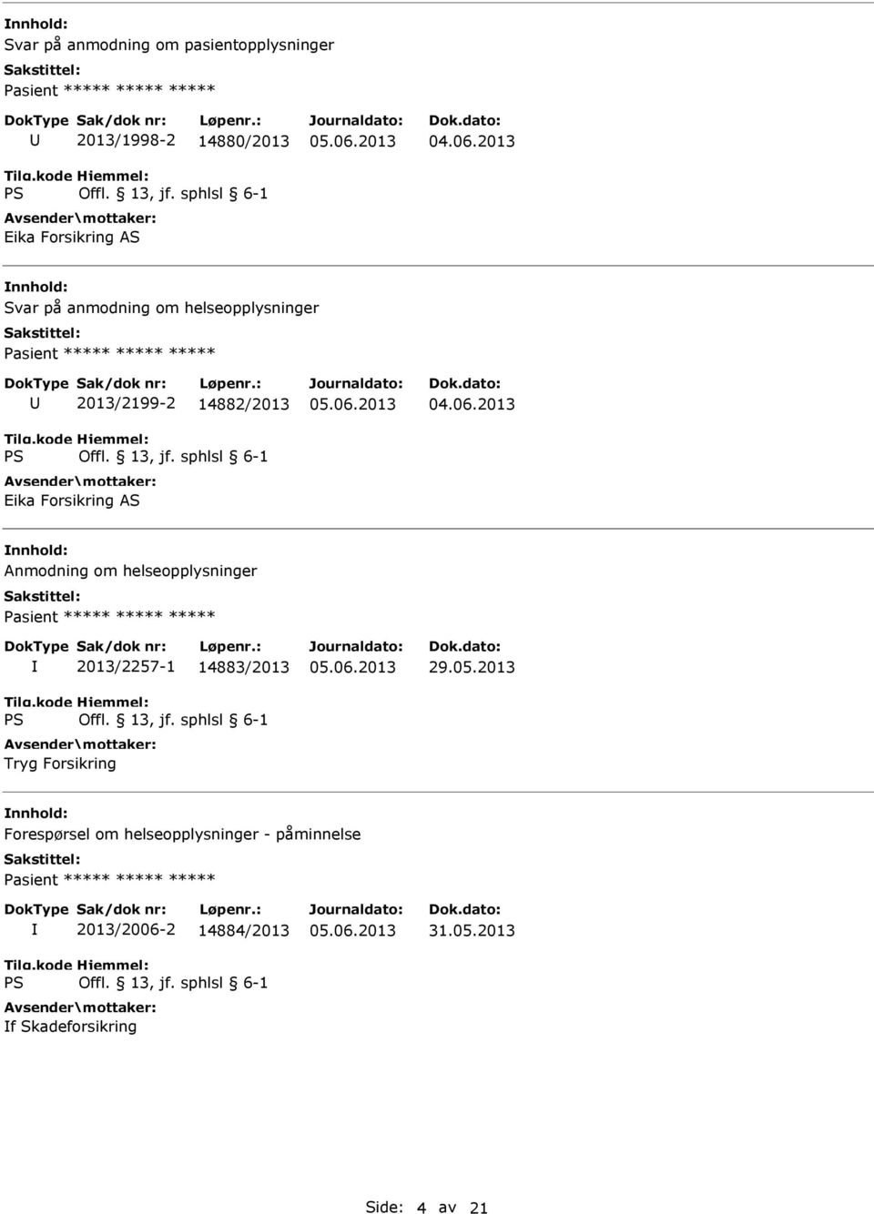 helseopplysninger Pasient ***** ***** ***** 2013/2257-1 14883/2013 Tryg Forsikring 29.05.