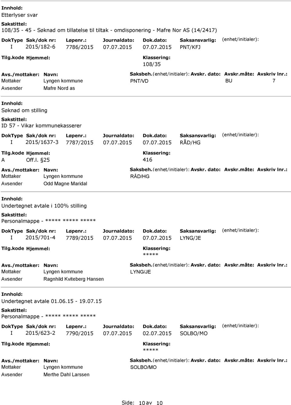 måte: Avskriv lnr.: RÅD/HG Avsender Odd Magne Maridal nnhold: Undertegnet avtale i 100% stilling Personalmappe - 2015/701-4 7789/2015 Avs./mottaker: Navn: Saksbeh. Avskr. dato: Avskr.