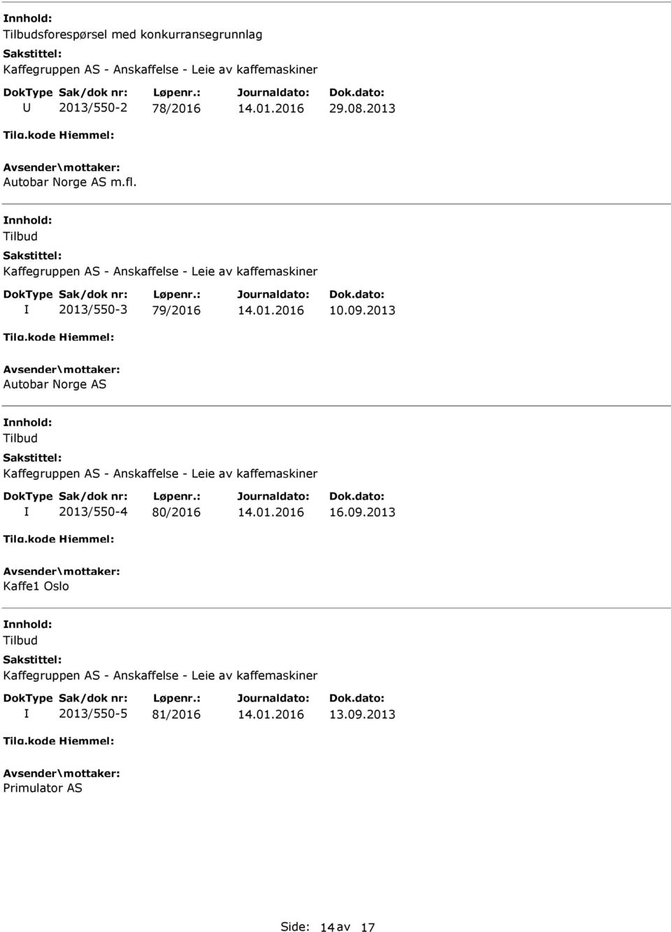 2013 Autobar Norge AS Kaffegruppen AS - Anskaffelse - Leie av kaffemaskiner 2013/550-4 80/2016 16.09.