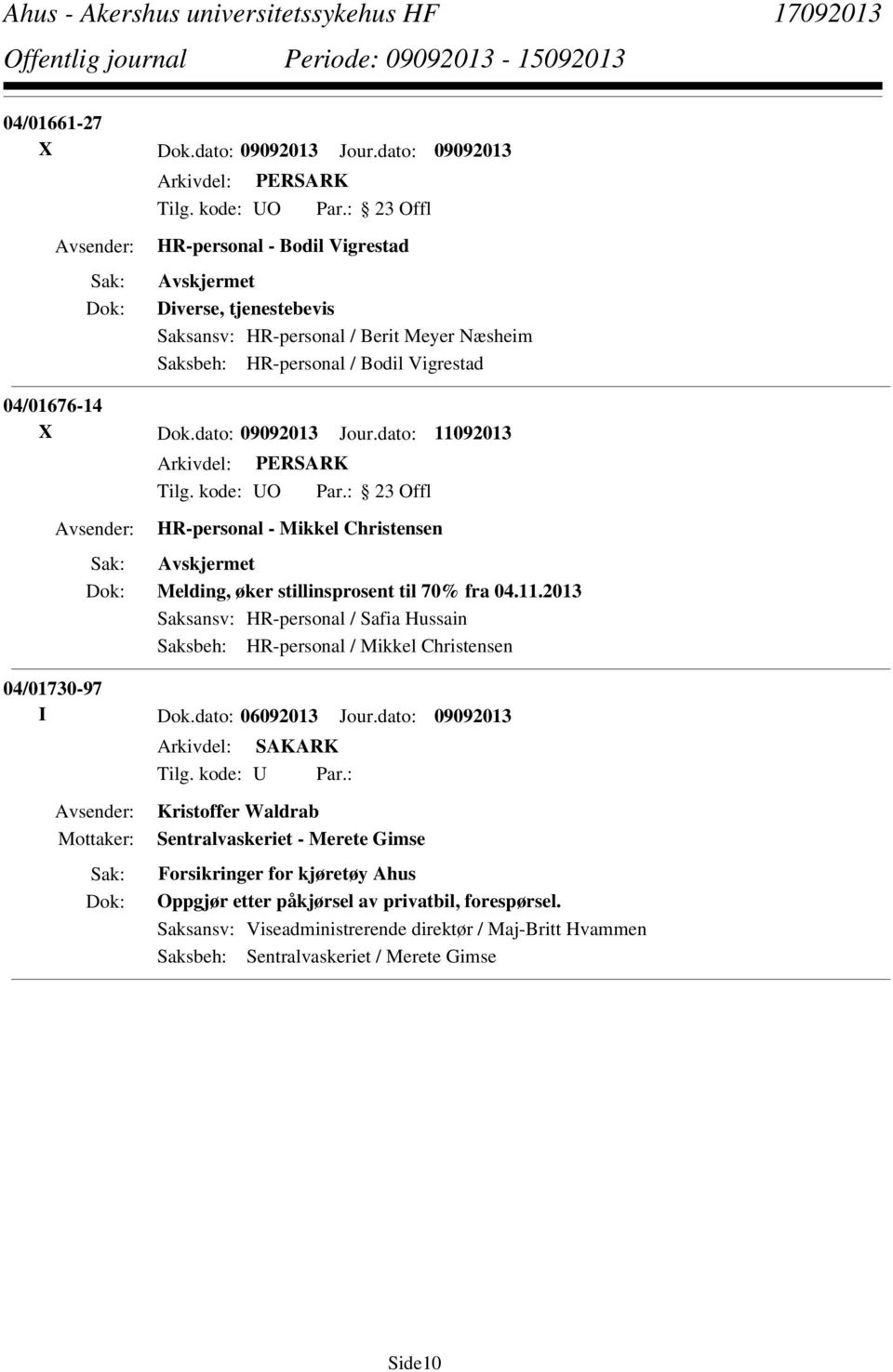 04/01676-14 X Dok.dato: 09092013 Jour.dato: 11092013 Melding, øker stillinsprosent til 70% fra 04.11.2013 Saksansv: HR-personal / Safia Hussain 04/01730-97 I Dok.