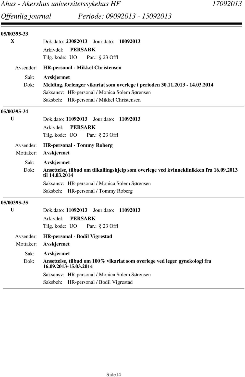 2014 Saksansv: HR-personal / Monica Solem Sørensen Saksbeh: HR-personal / Tommy Roberg 05/00395-35 U Dok.dato: 11092013 Jour.