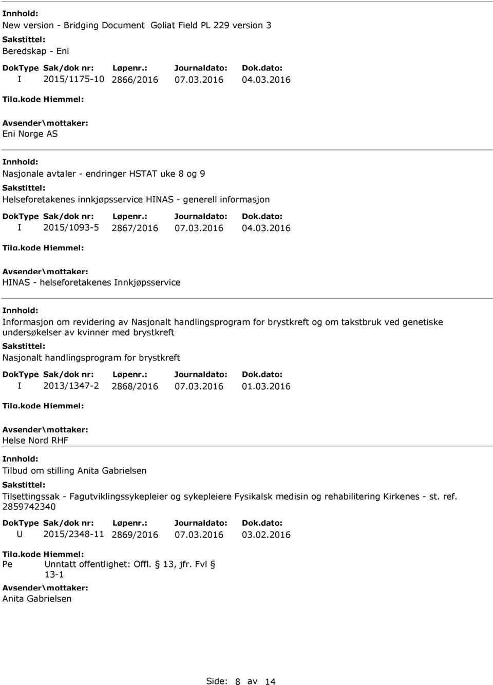 2016 HNAS - helseforetakenes nnkjøpsservice nnhold: nformasjon om revidering av Nasjonalt handlingsprogram for brystkreft og om takstbruk ved genetiske undersøkelser av kvinner med brystkreft