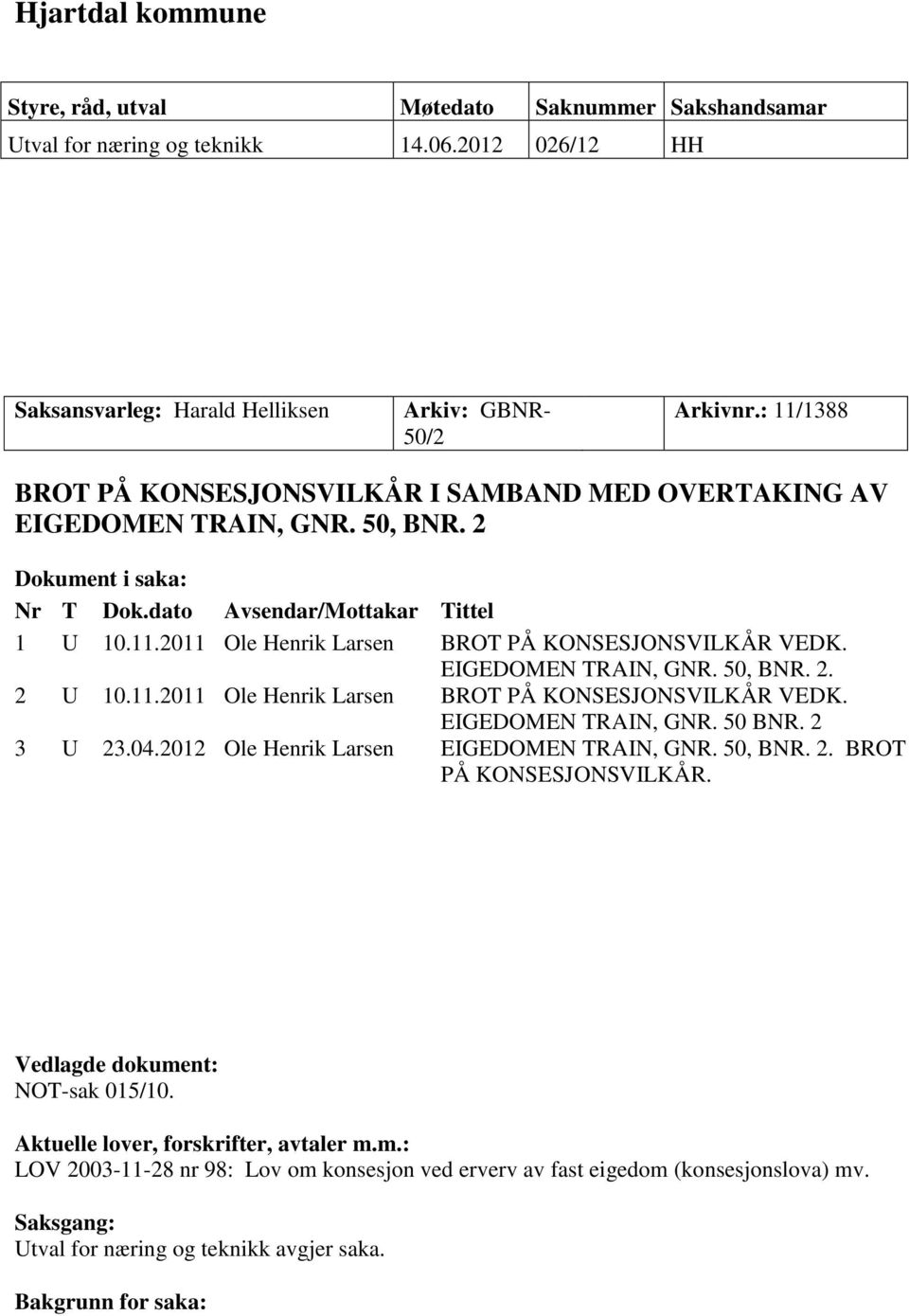 EIGEDOMEN TRAIN, GNR. 50, BNR. 2. 2 U 10.11.2011 Ole Henrik Larsen BROT PÅ KONSESJONSVILKÅR VEDK. EIGEDOMEN TRAIN, GNR. 50 BNR. 2 3 U 23.04.2012 Ole Henrik Larsen EIGEDOMEN TRAIN, GNR. 50, BNR. 2. BROT PÅ KONSESJONSVILKÅR. Vedlagde dokument: NOT-sak 015/10.