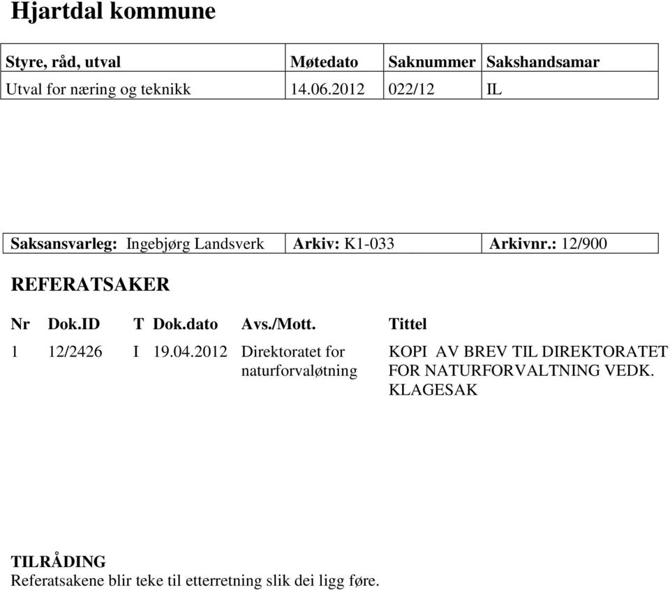 ID T Dok.dato Avs./Mott. Tittel 1 12/2426 I 19.04.