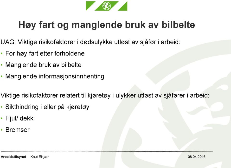 bilbelte Manglende informasjonsinnhenting Viktige risikofaktorer relatert til