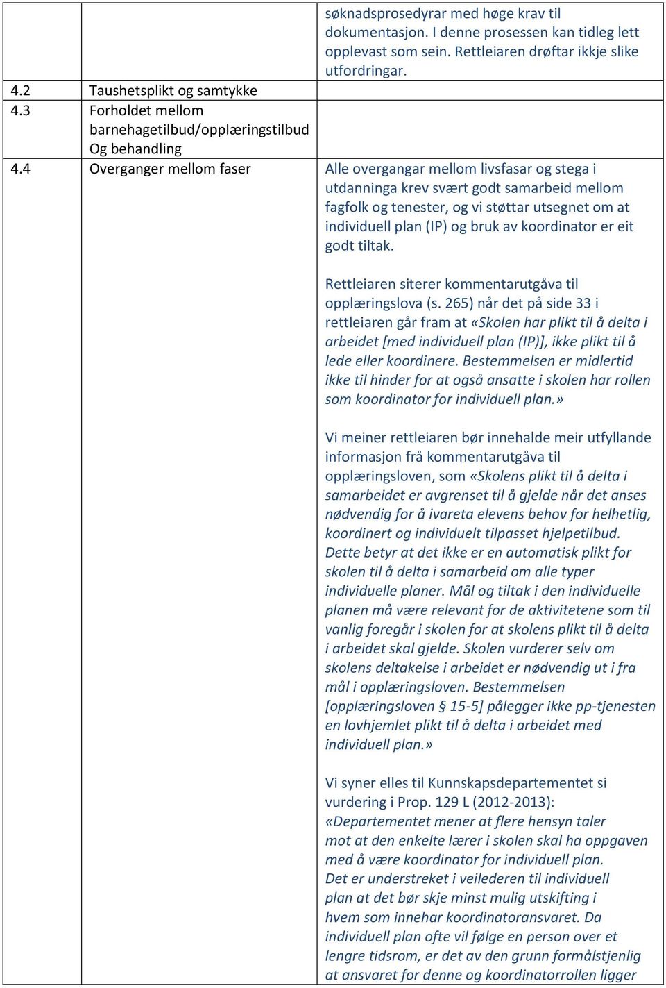 4 Overganger mellom faser Alle overgangar mellom livsfasar og stega i utdanninga krev svært godt samarbeid mellom fagfolk og tenester, og vi støttar utsegnet om at individuell plan (IP) og bruk av